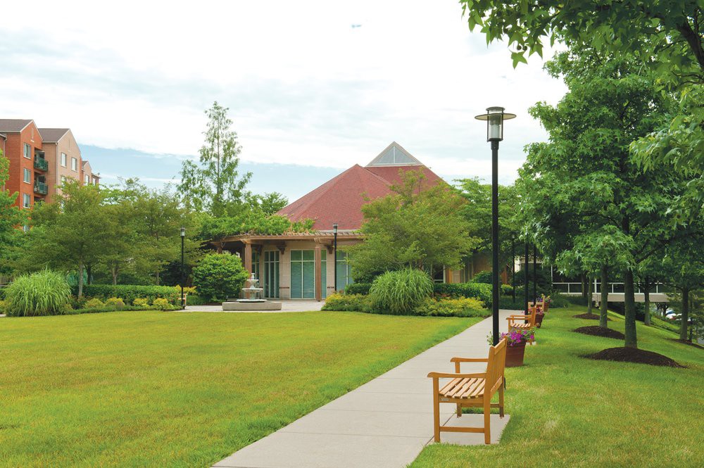 A serene garden with a pathway lined by benches and lampposts leading to a quaint building surrounded by lush greenery.