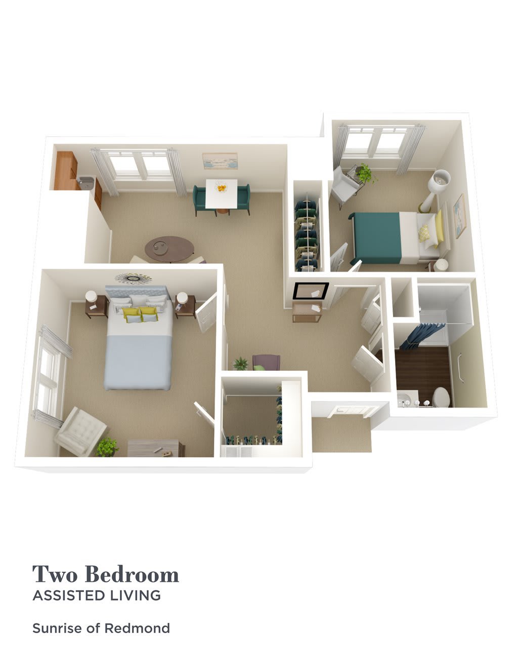 This is a two-bedroom apartment floor plan with designated living areas.