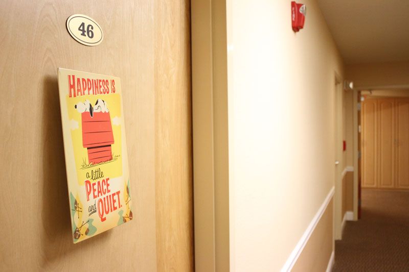 A decorated door in a hallway with a Snoopy peace and quiet sign.
