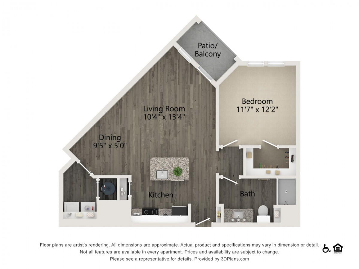 A modern one-bedroom apartment floor plan featuring a living room, kitchen, bathroom, and balcony.