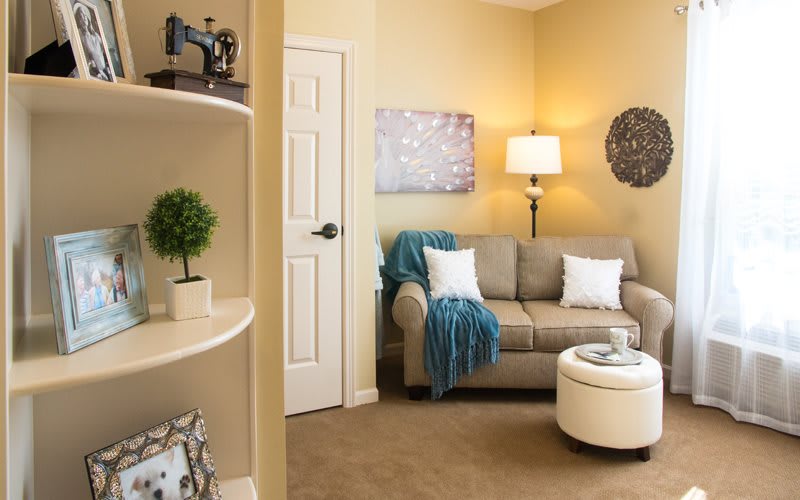 A cozy living room with a gray sofa, decorative pillows, and a blue throw blanket.