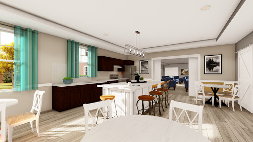 A beautifully designed modern kitchen and dining area featuring an open layout with stylish furnishings.