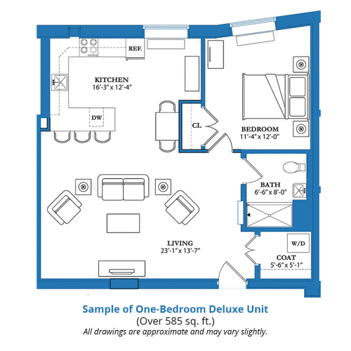 Sample floor plan of a one-bedroom deluxe unit with an open living area and kitchen.