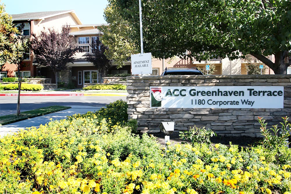 Entrance sign and landscaping at ACC Greenhaven.