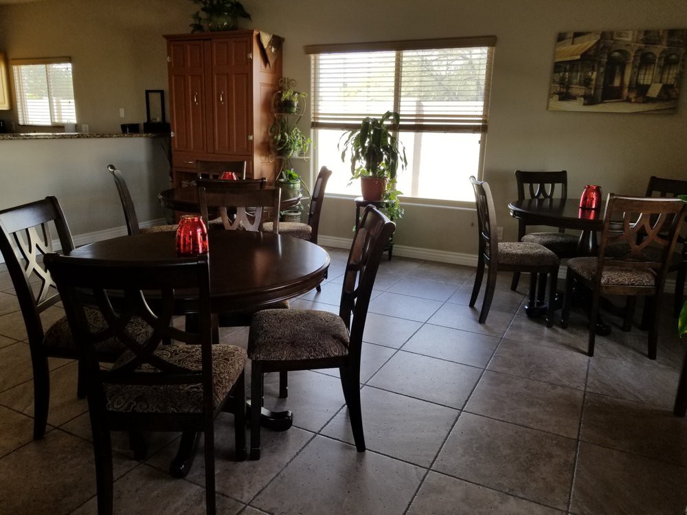 A cozy dining area with round tables and chairs, featuring a large window and indoor plants.
