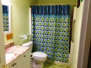 A colorful bathroom with a patterned shower curtain and matching decor.