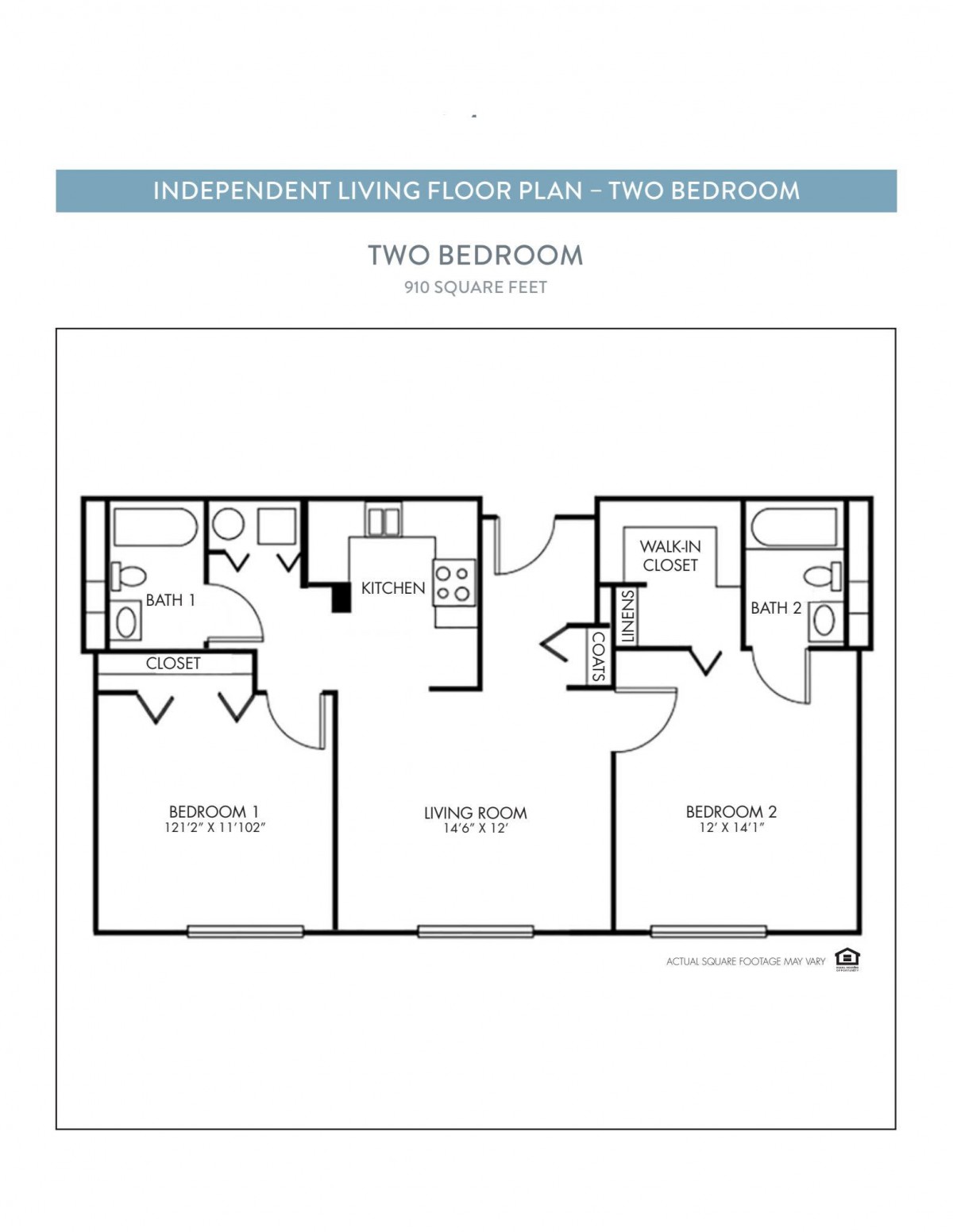 Two-bedroom apartment floor plan showing layout and room dimensions.