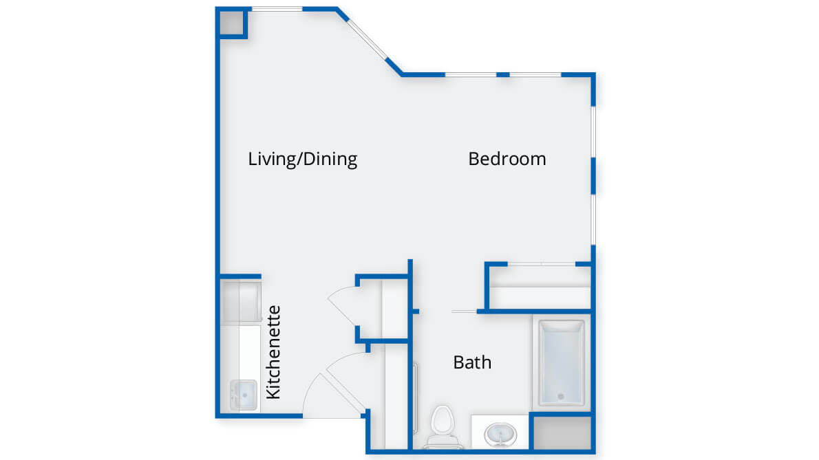 A simple one-bedroom apartment floor plan with a living/dining area, kitchenette, and bathroom.