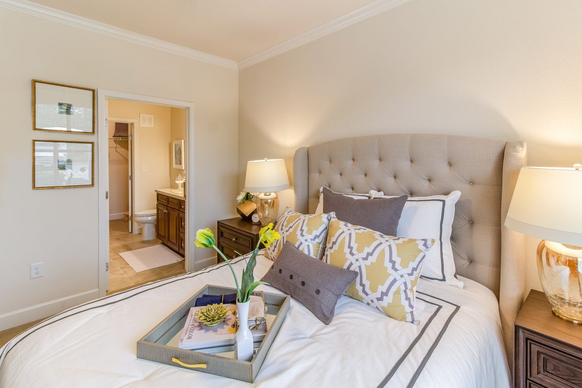 A cozy and modern bedroom with stylish decor, featuring a neatly made bed adorned with patterned pillows and a decorative tray.