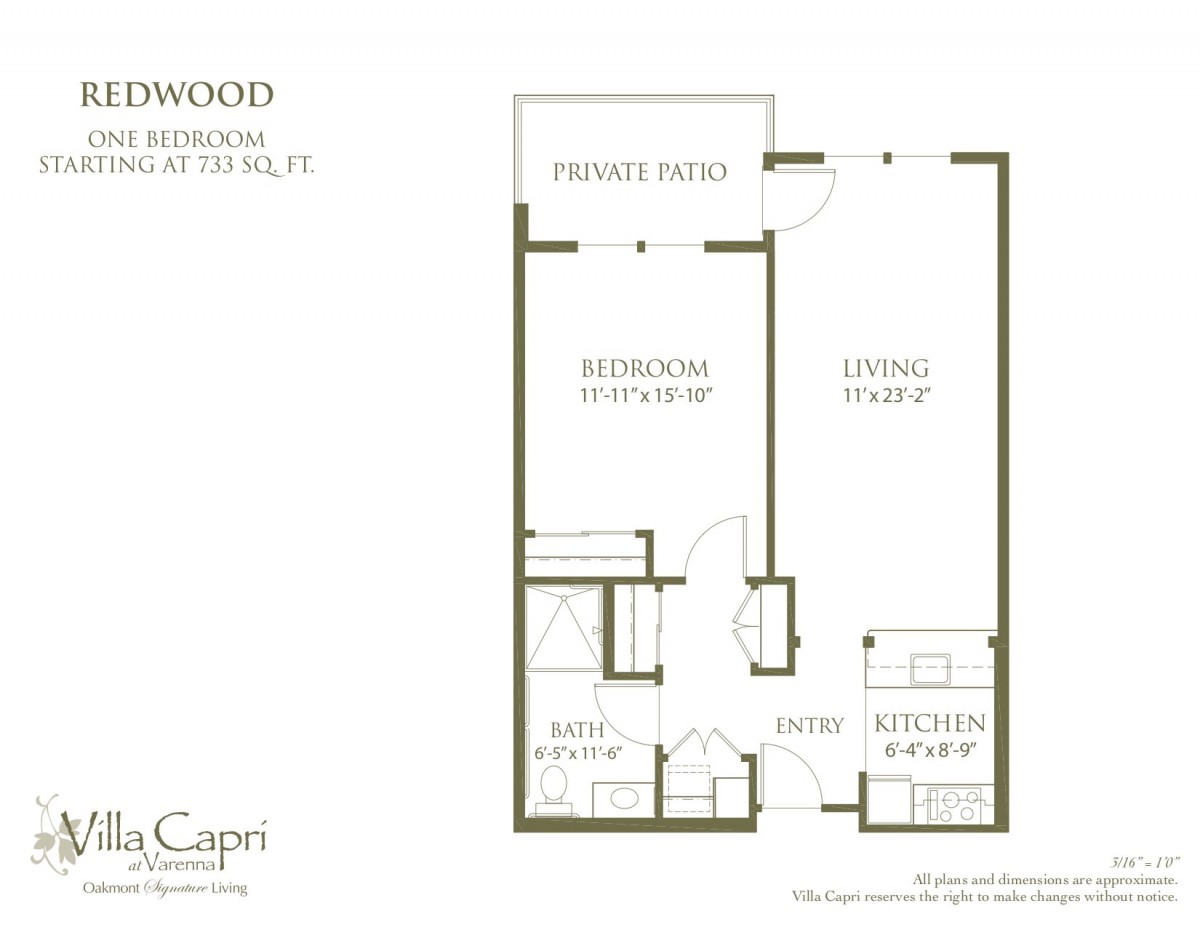 A one-bedroom apartment floor plan with a private patio.