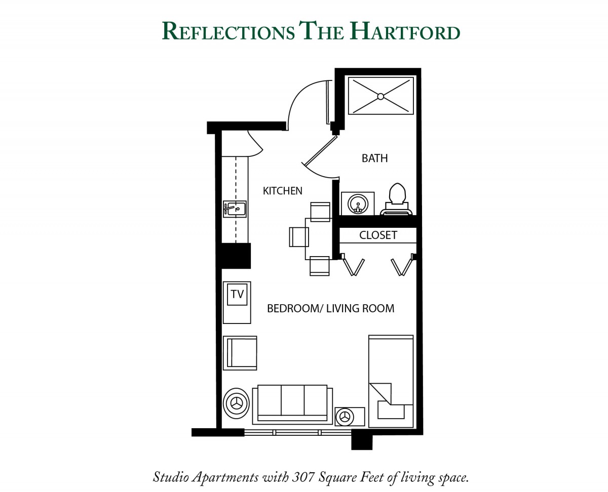 Studio apartment floor plan with 307 square feet of living space at Reflections The Hartford.