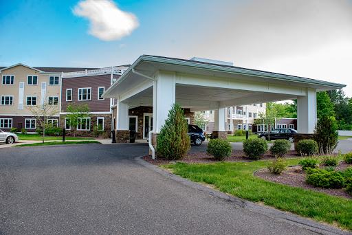 A welcoming entrance to a modern building with landscaped surroundings.