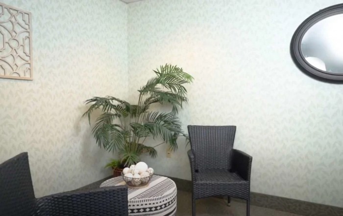 A cozy indoor seating area with two chairs, a small table, and a potted plant in the corner.