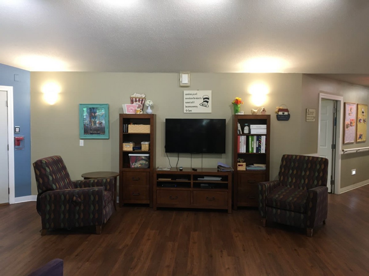 A cozy living room with chairs, a television, and bookshelves against a wall with wood flooring.