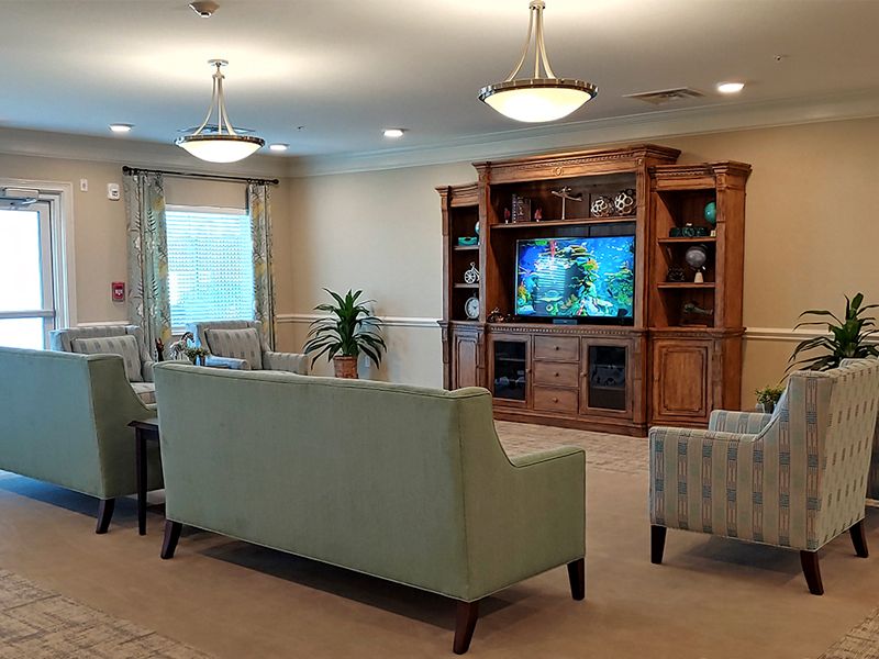 A cozy living room with a large sofa facing a television, surrounded by bookshelves and soft lighting.