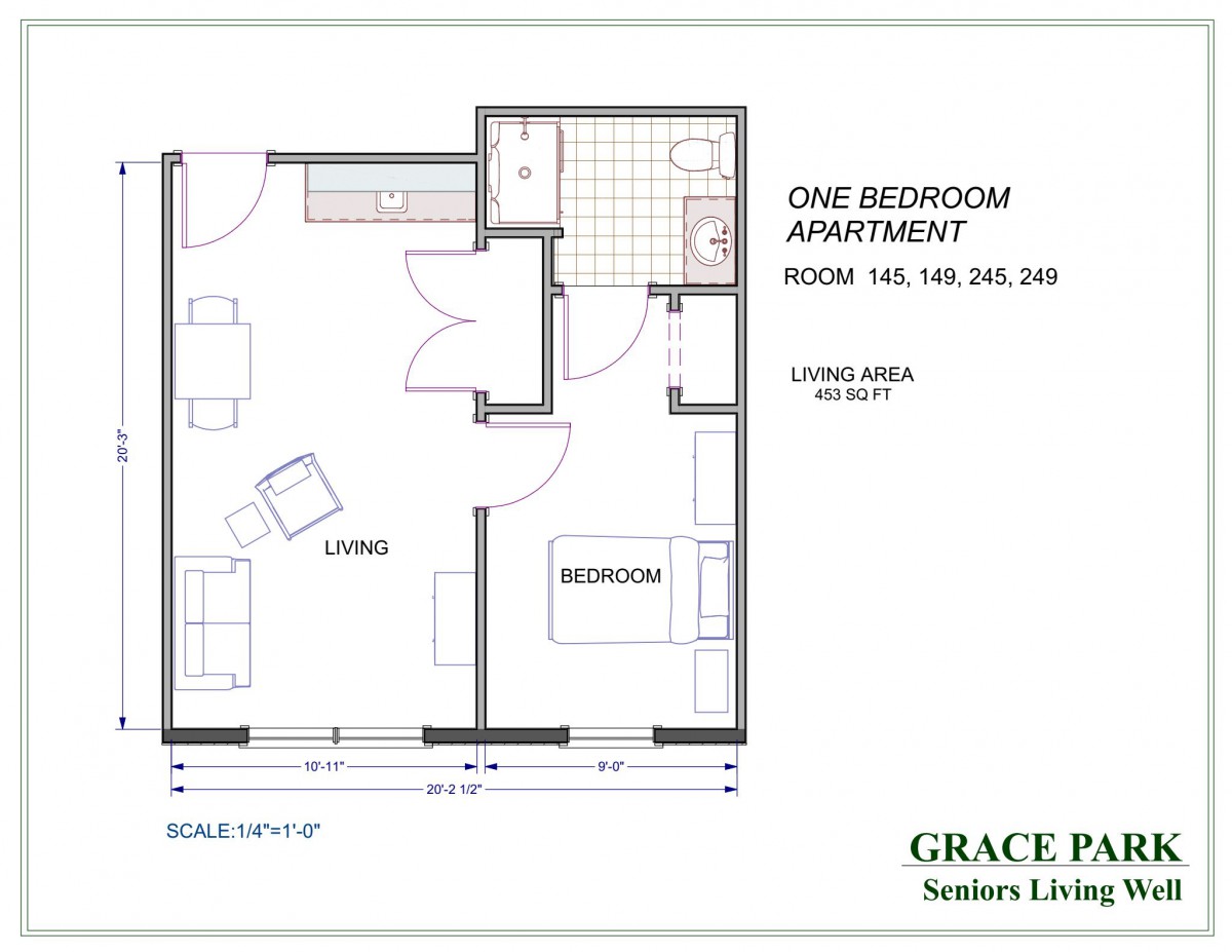 Floor plan of a one bedroom apartment with labeled living and bedroom areas.