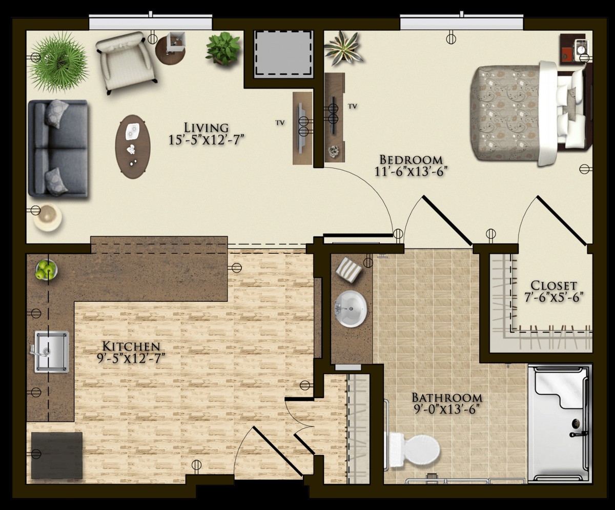 A detailed floor plan of an apartment featuring a living room, kitchen, bedroom, and bathroom.