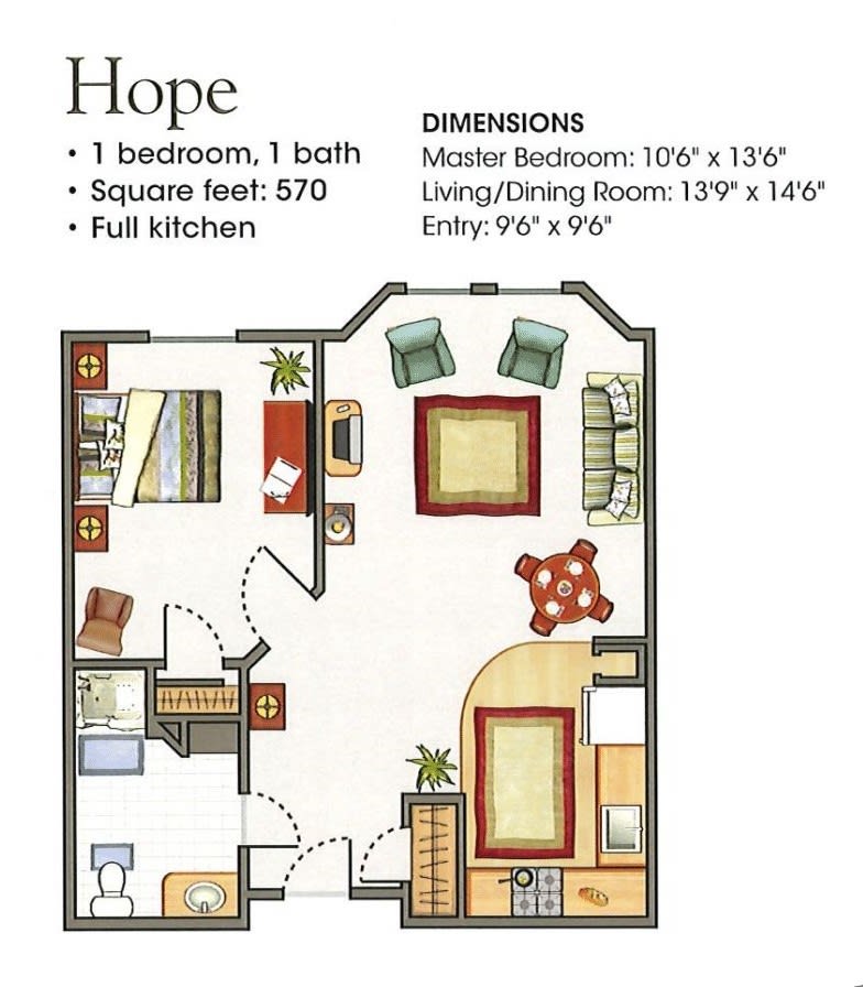 Floor plan of a one-bedroom, one-bath apartment with labeled dimensions.