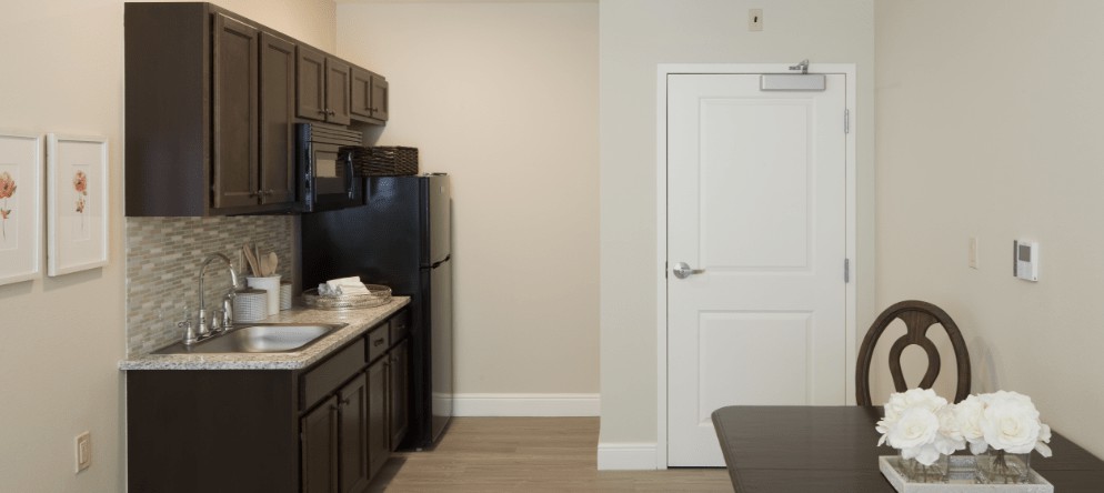 A modern kitchen with dark cabinets, a refrigerator, and a countertop in an apartment setting.
