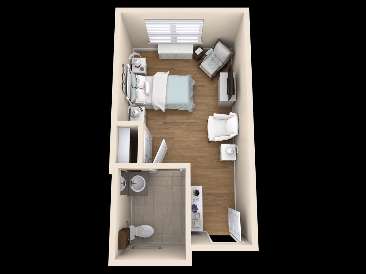 A compact studio apartment floor plan featuring a combined bedroom and living area with an attached bathroom.