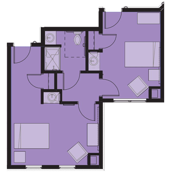 A blueprint of a two-bedroom apartment layout.