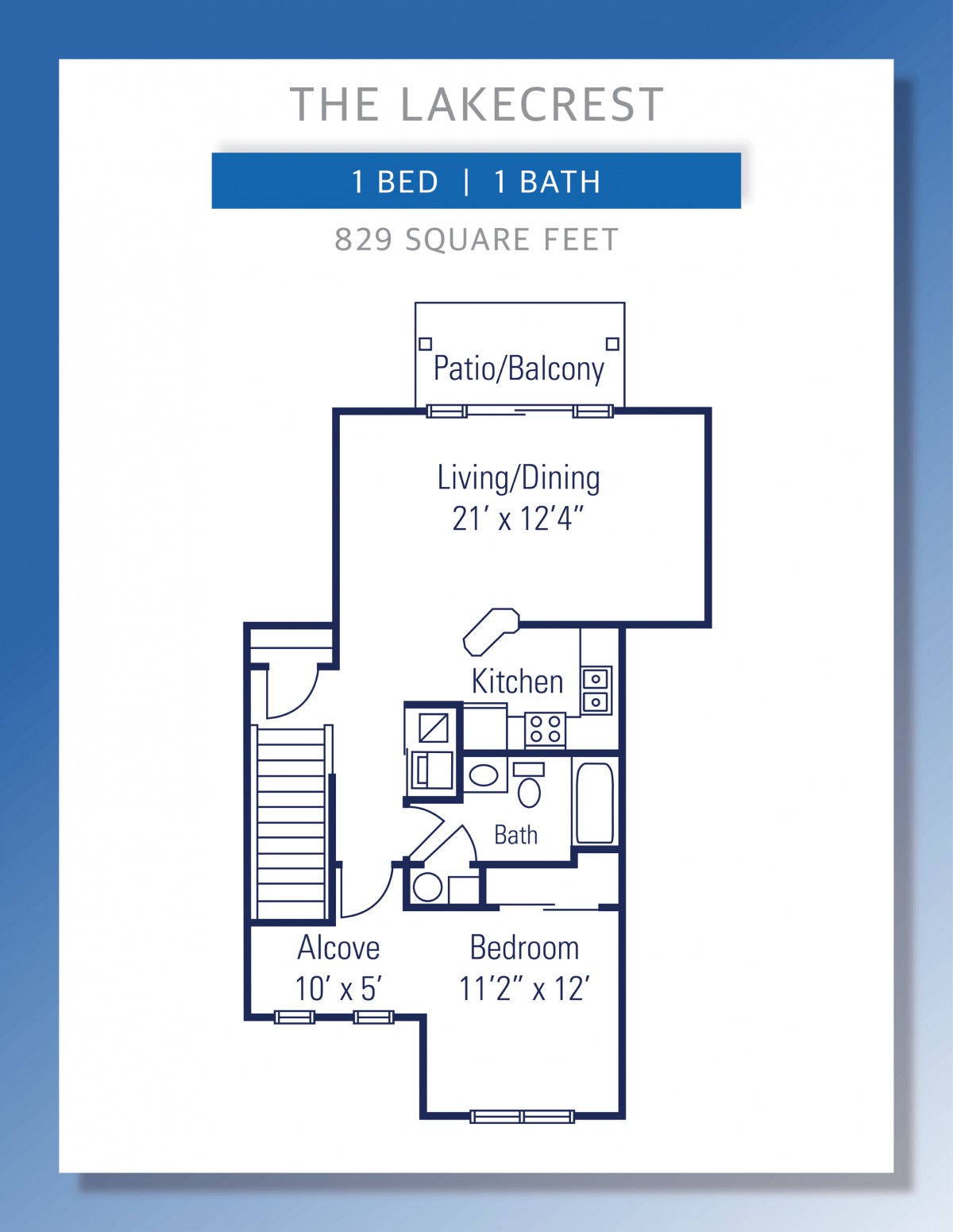 Floor plan of a 1-bedroom, 1-bathroom apartment with living/dining area.