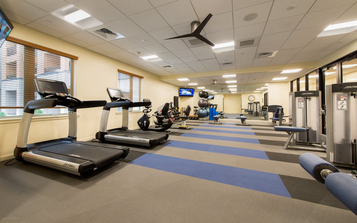 A modern gym equipped with treadmills and exercise machines.