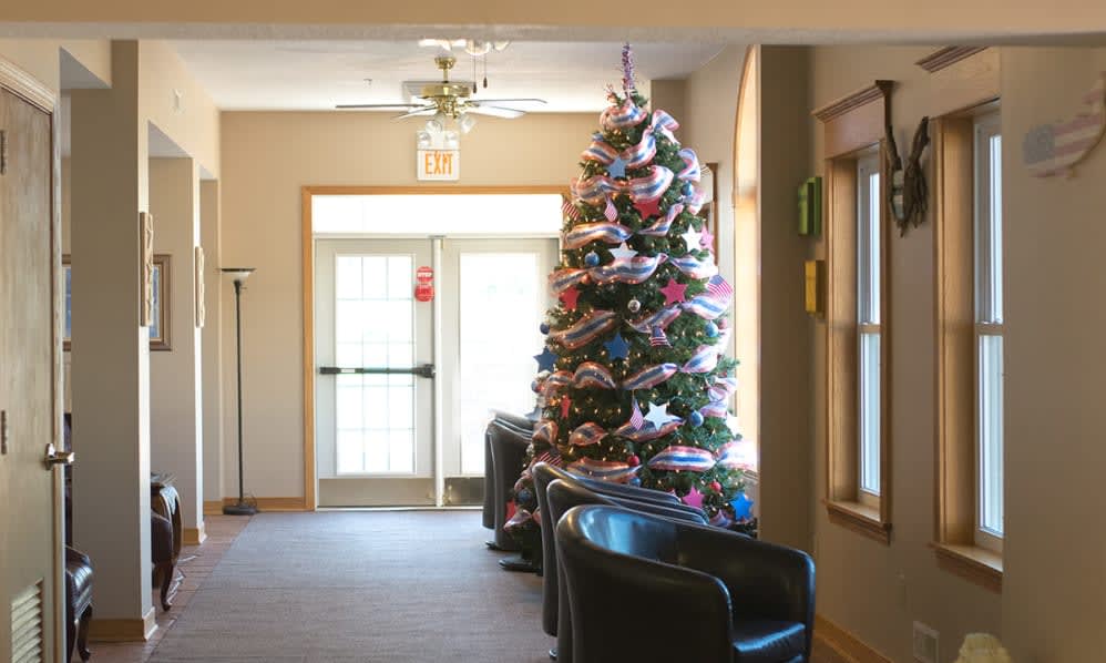 A festively decorated Christmas tree stands in the lobby, surrounded by chairs and lit by natural light from nearby windows.