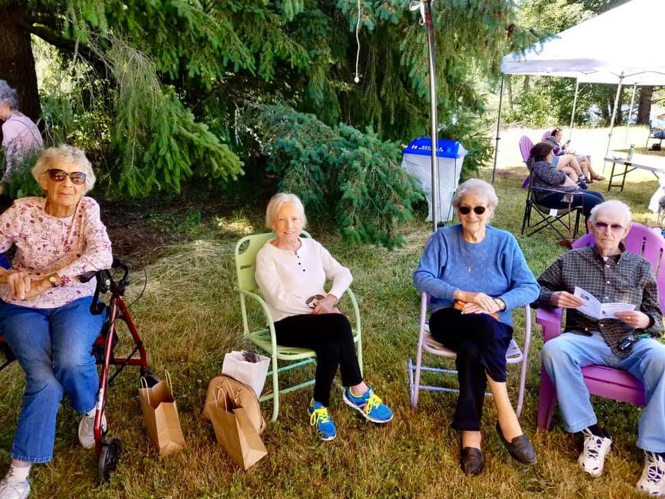 A group of elderly individuals sitting outdoors on chairs under the shade of trees.