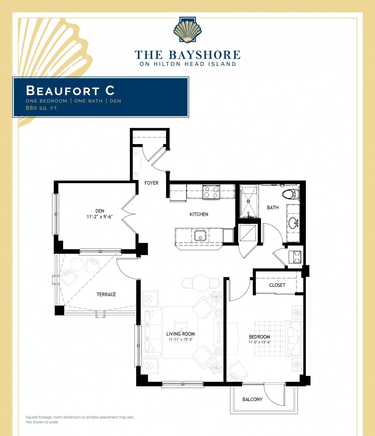 Floor plan of the Beaufort C unit at The Bayshore, showcasing a detailed apartment layout.