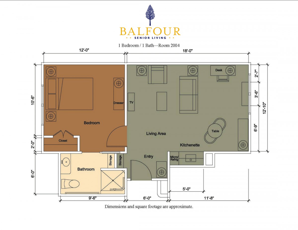 Floor plan of a 1-bedroom, 1-bathroom apartment with a combined living and dining area.