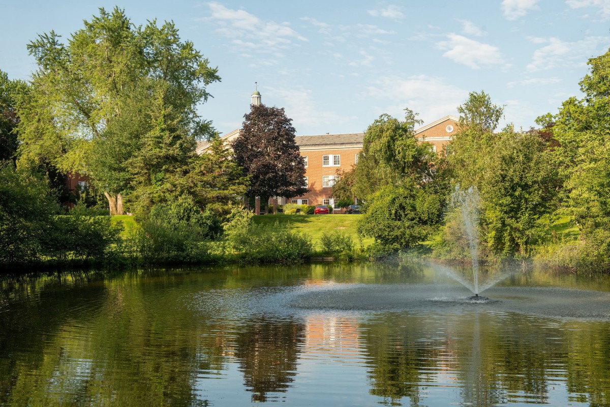 A serene landscape featuring a pond with a fountain, surrounded by lush greenery and a building in the background.