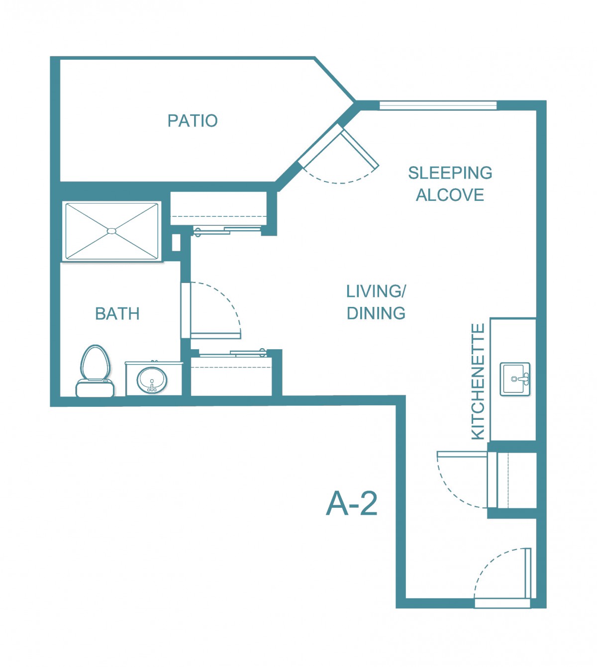 Studio apartment floor plan with patio, bathroom, sleeping alcove, and kitchenette.