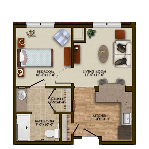 One-bedroom apartment floor plan with living room, kitchen, and bathroom.