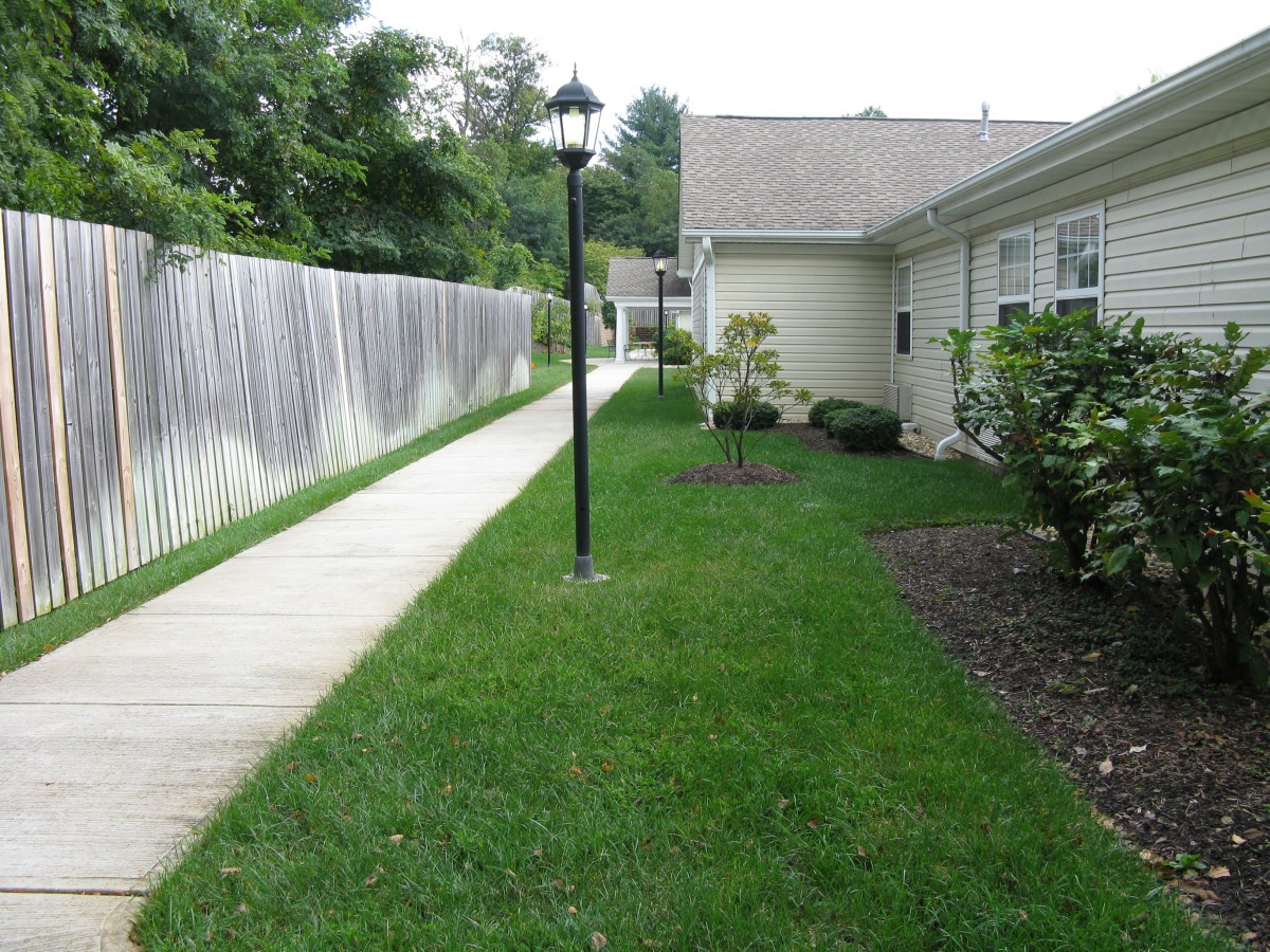 A well-maintained garden with a pathway, surrounded by a fence and greenery, next to a house.