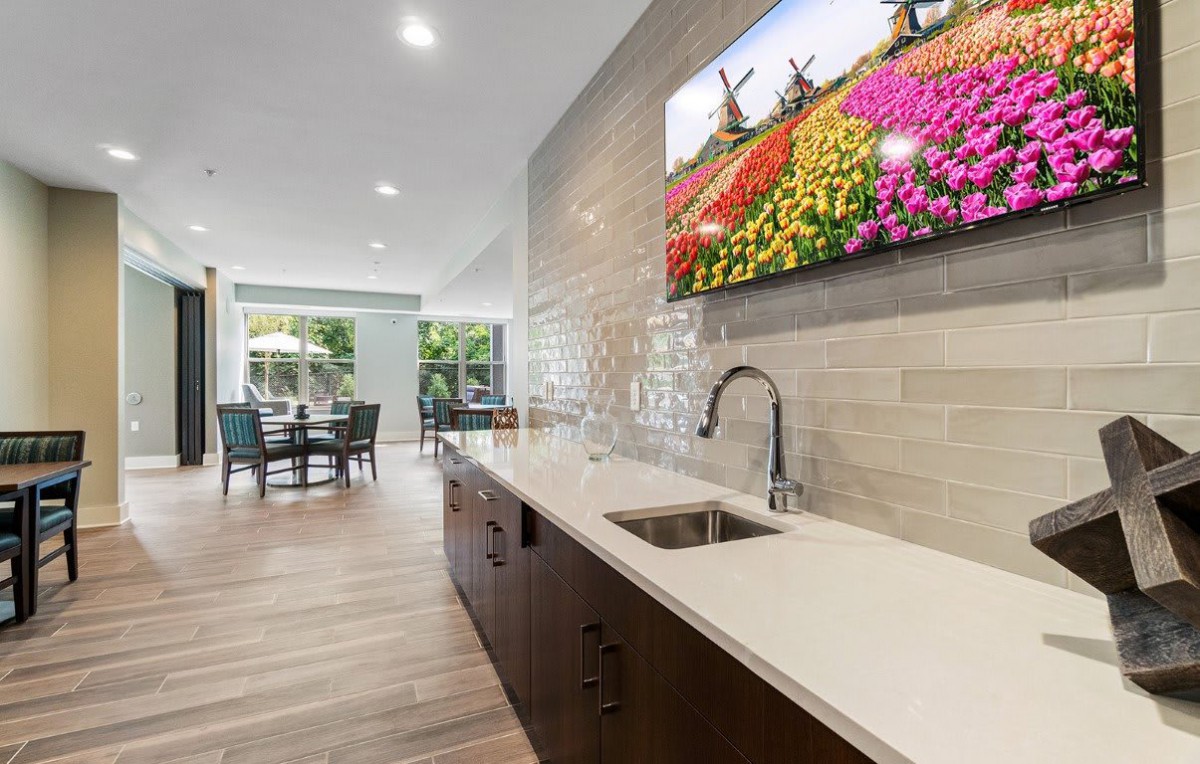 A modern kitchen featuring a sleek countertop with a bar sink, leading into a dining area with natural light and wood flooring. A vibrant artwork adorns the wall.