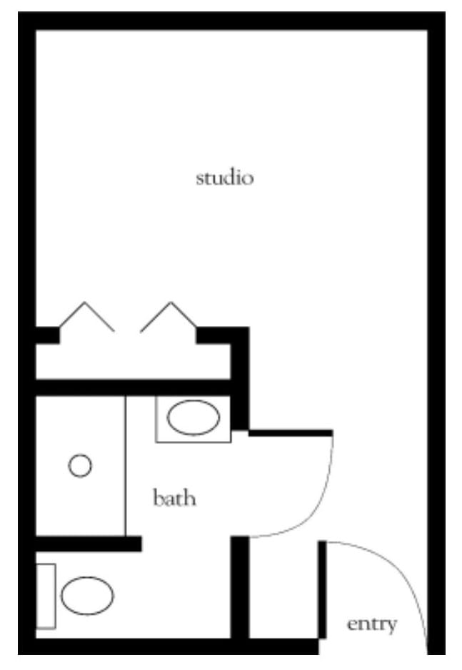 A floor plan of a studio apartment with a bathroom.
