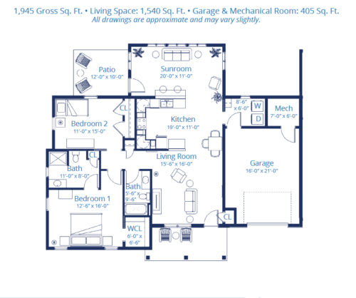 A detailed floor plan of a residential home, featuring various rooms and a garage.