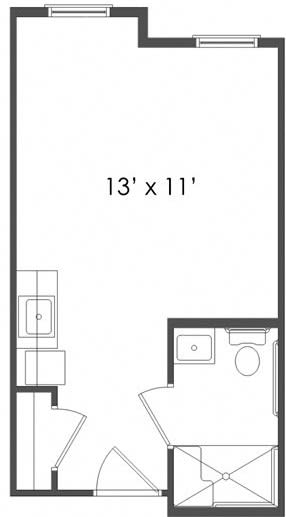 A floor plan showing a 13' x 11' room with an attached bathroom.