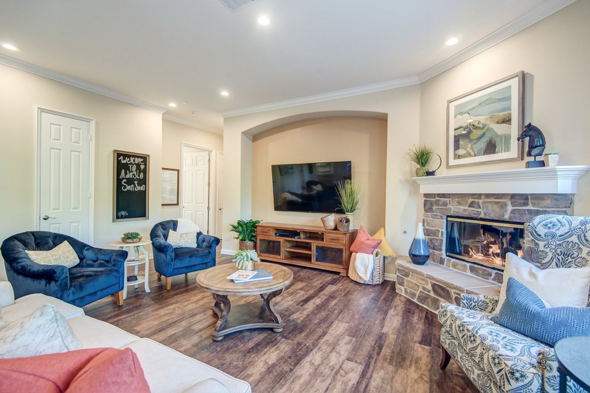 A modern living room with a comfortable seating area, wooden flooring, and a cozy fireplace.