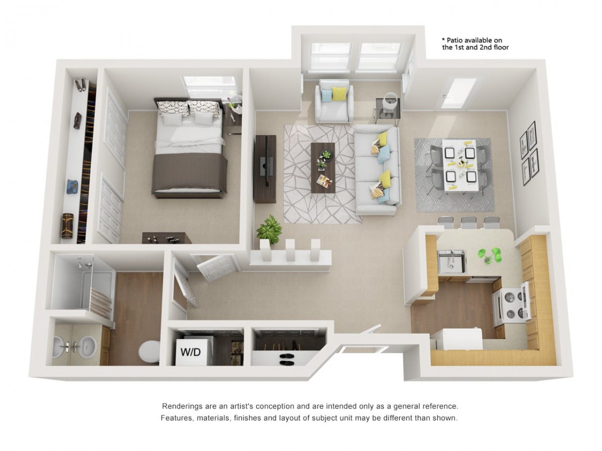 A 3D floor plan of a modern one-bedroom apartment featuring a living room, kitchen, bedroom, and bathroom.