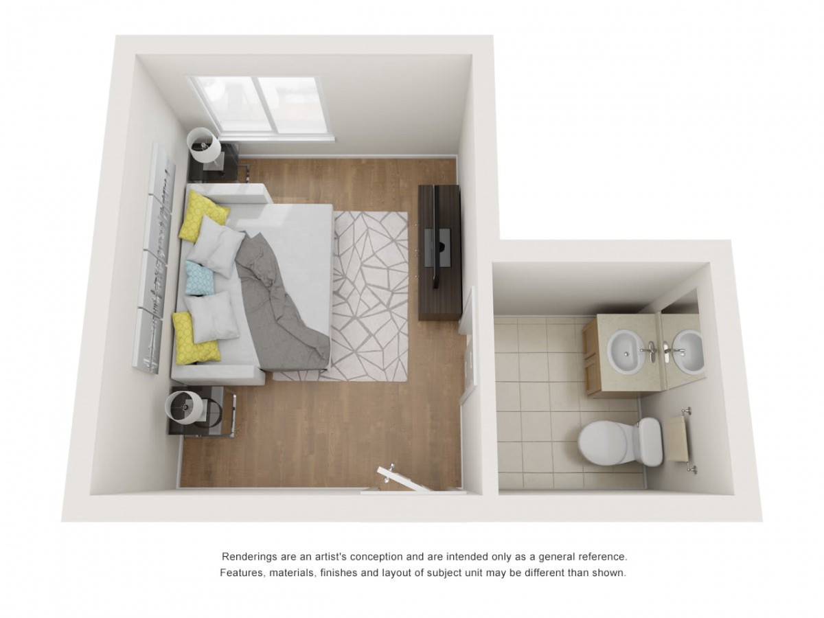 A small bedroom layout featuring a bed, side tables, and an adjacent bathroom.
