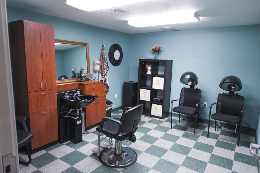 A well-organized hair salon with a styling station and seating area.