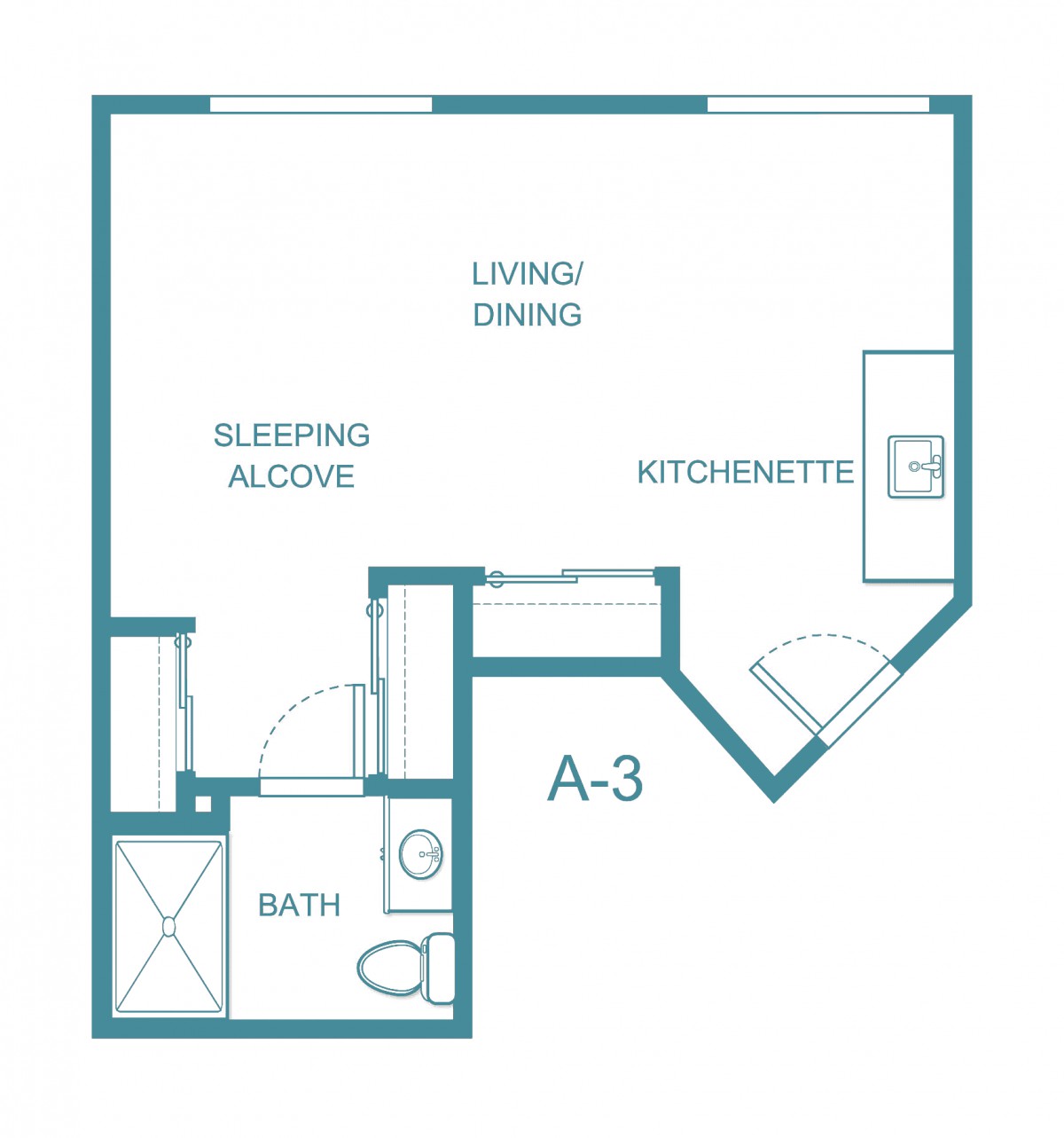 Studio apartment floor plan with sleeping alcove, kitchenette, and bathroom.