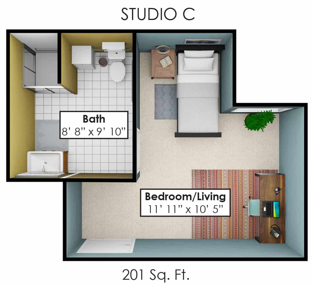 Studio C floor plan with bathroom and bedroom/living area layout.