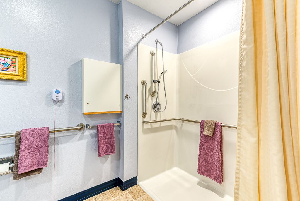 A modern, accessible bathroom with grab bars and a walk-in shower.