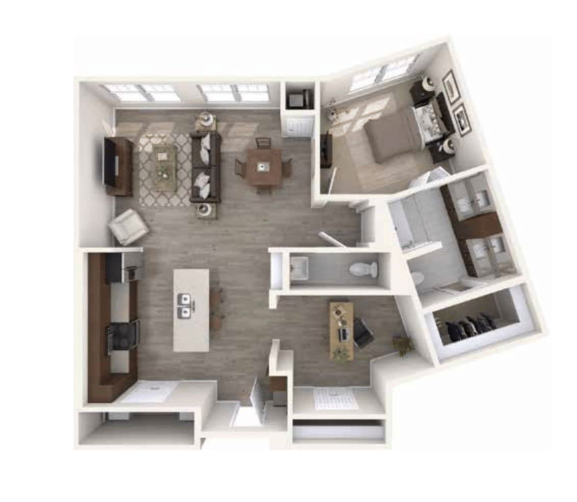 A 3D floor plan of a one-bedroom apartment, featuring a spacious living room, kitchen, and bathroom.