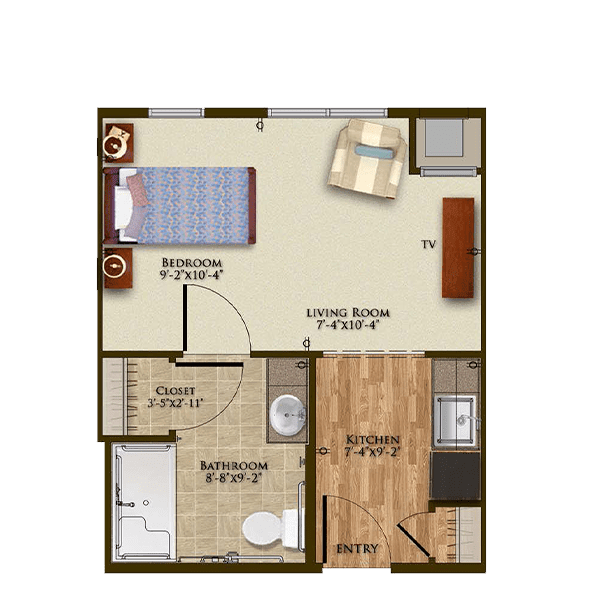 A detailed floor plan of a compact apartment featuring a bedroom, living room, kitchen, and bathroom.
