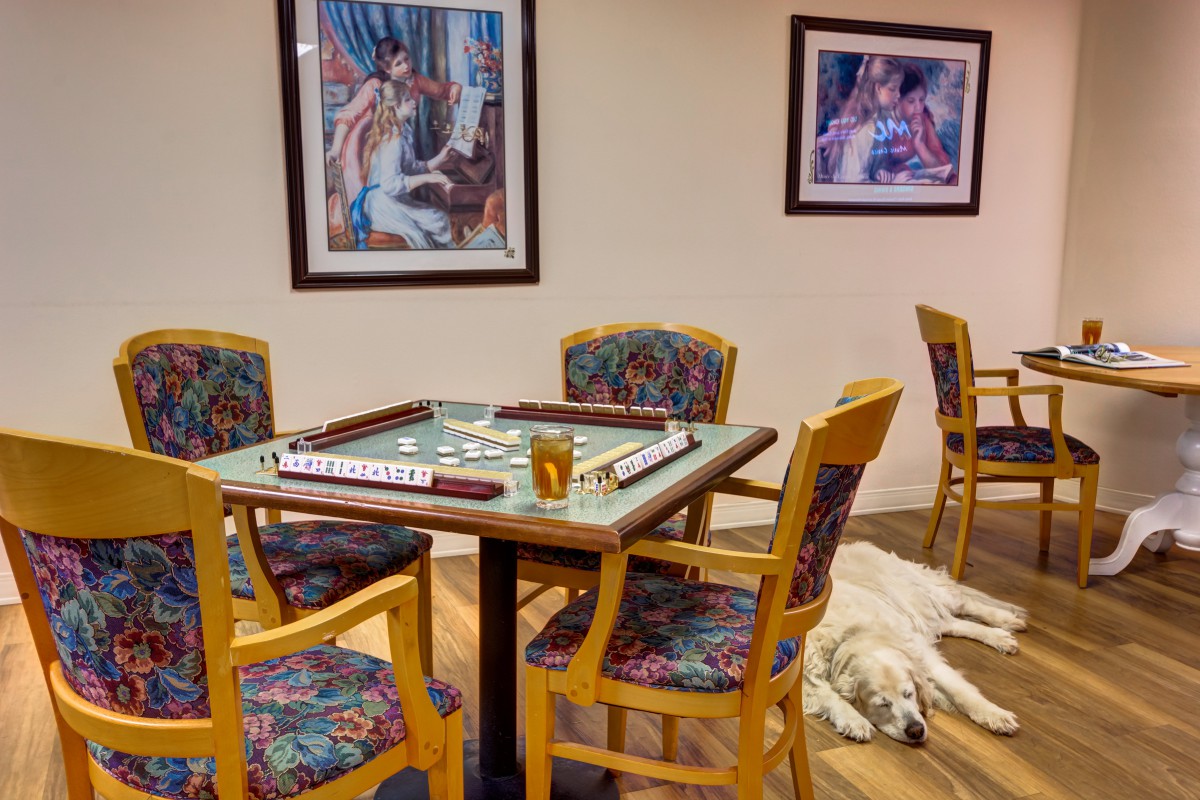 A cozy game room featuring a mahjong table with chairs and a dog resting nearby, decorated with colorful paintings.
