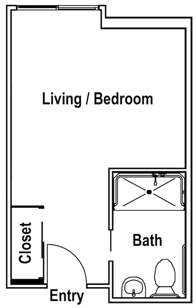 A floor plan of a studio apartment showing the living/bedroom area, closet, and bathroom.